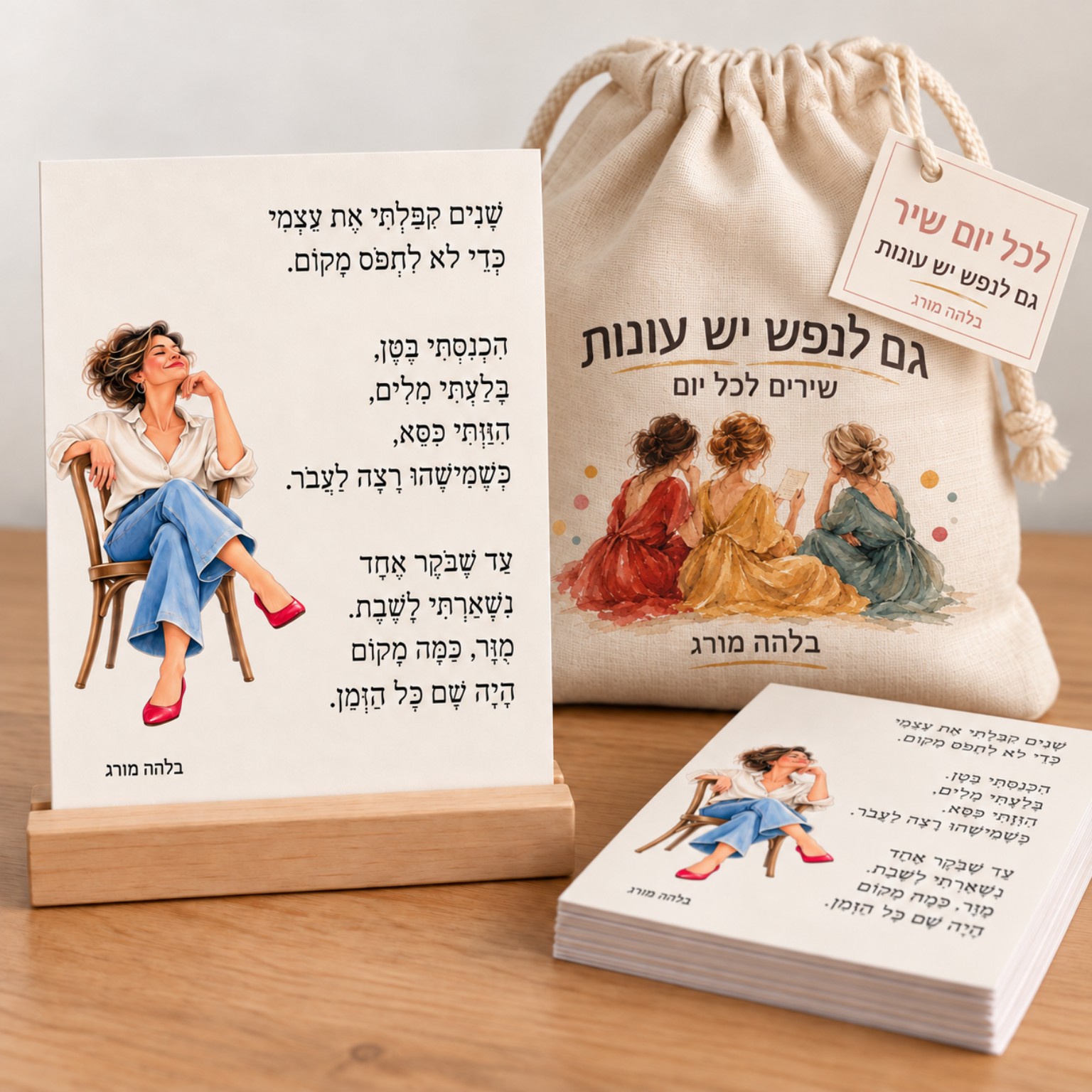 ערכת לכל יום שיר מאת בלהה מורג: כרטיס שיר על מעמד עץ, חבילת כרטיסים ושקית בד שמנת עם העיצוב המודפס עליה ופתקית קשורה.